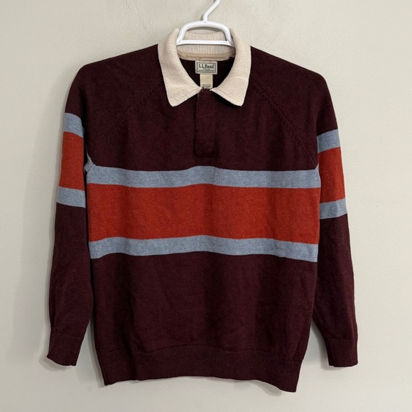 LL Bean Mens Medium Burgundy Striped Cotton Cashmere Blend Polo Sweater 522825 - Picture 2 of 5